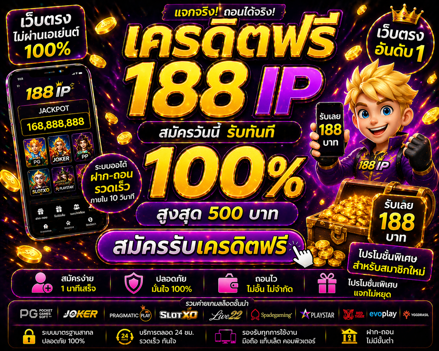 เครดิตฟรี 188 ip โปรสล็อตใหม่ล่าสุด ทดลองเล่นสล็อตฟรี เล่นง่ายได้เงินจริง